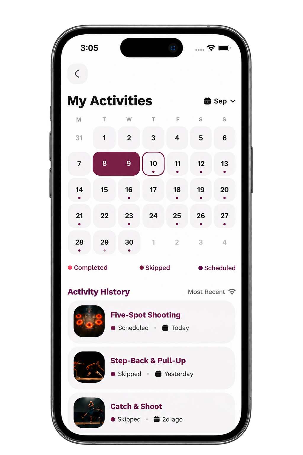 HoopZone My Activities calendar screen
