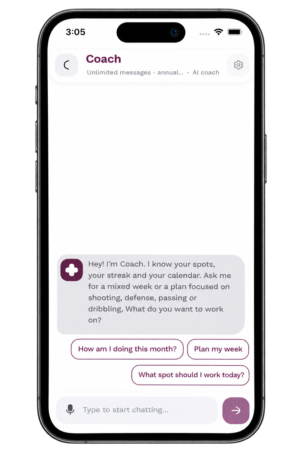 HoopZone AI Coach chat screen